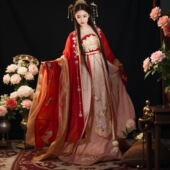 国风春秋套装 洛川汉服女原创唐制齐胸诃子裙婚服重工刺绣大袖 衫 红