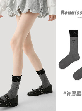 Renaissance秋冬新款中筒袜波点公主袜蝴蝶结百搭简约ins潮袜子女