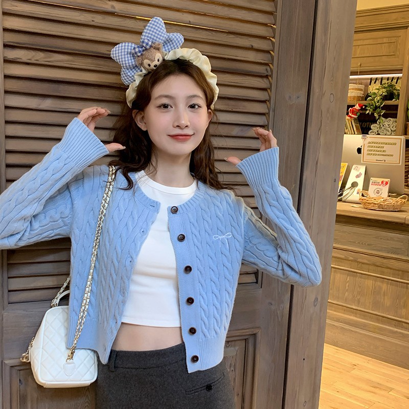 蓝色针织开衫毛衣外套韩系2026新款早秋慵懒风外搭上衣女