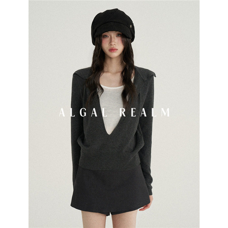Algal Realm雪藻高品质翻领假两件毛衣日志修身针织衫上衣女初秋