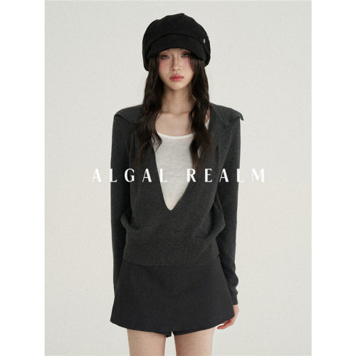 Algal Realm雪藻高品质翻领假两件毛衣日志修身针织衫上衣女初秋