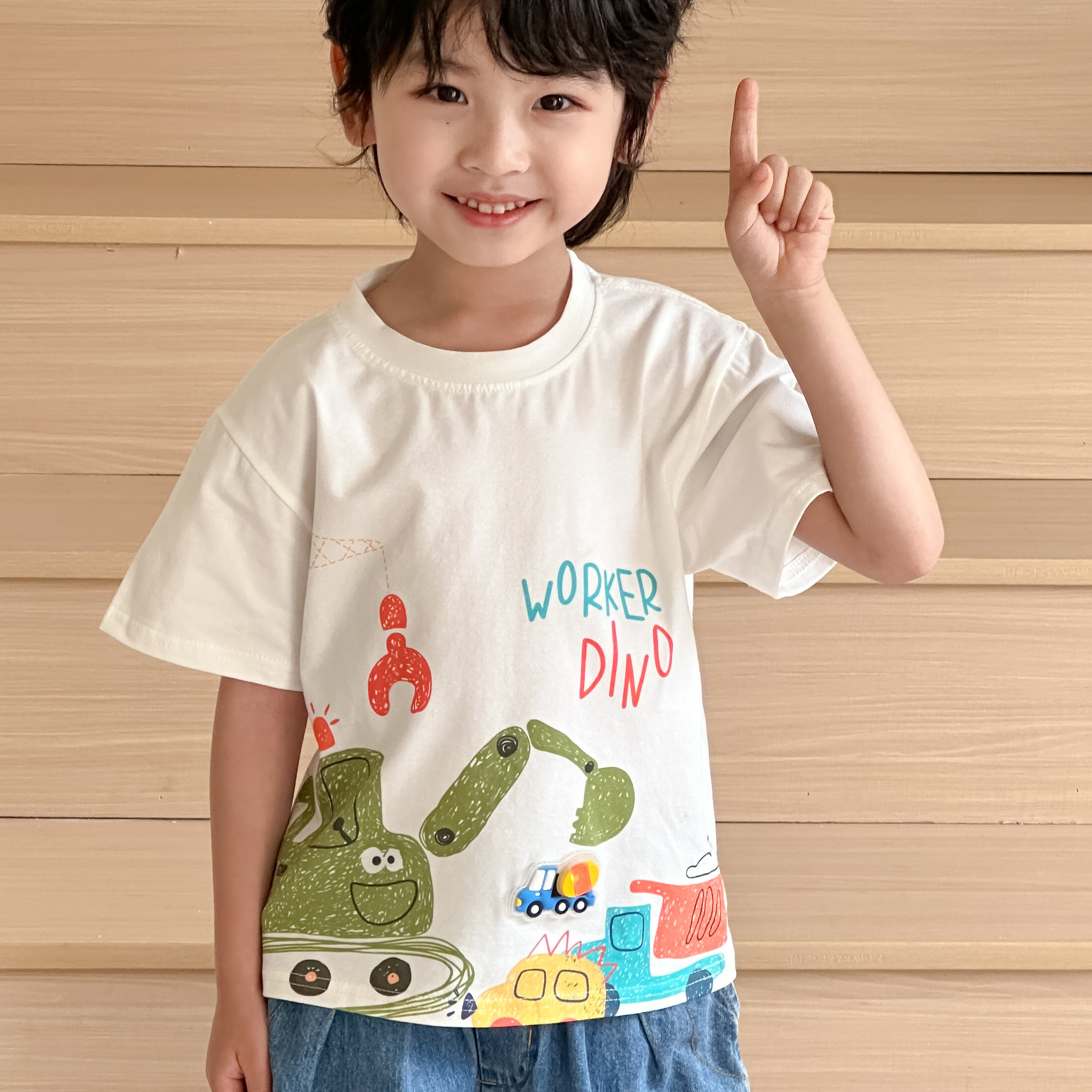 儿童奥特挖掘机汽车童装男童亮灯发光卡通纯棉T短袖套外出服上衣