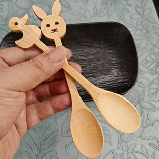 楠竹木雕小动物竹木勺子家用长柄水杯勺汤匙可爱儿童饭勺无漆无蜡