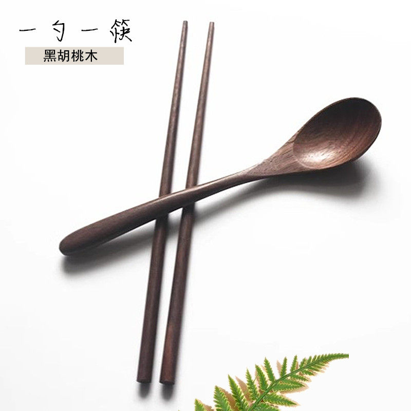 黑胡桃木长柄搅拌勺筷套装图片