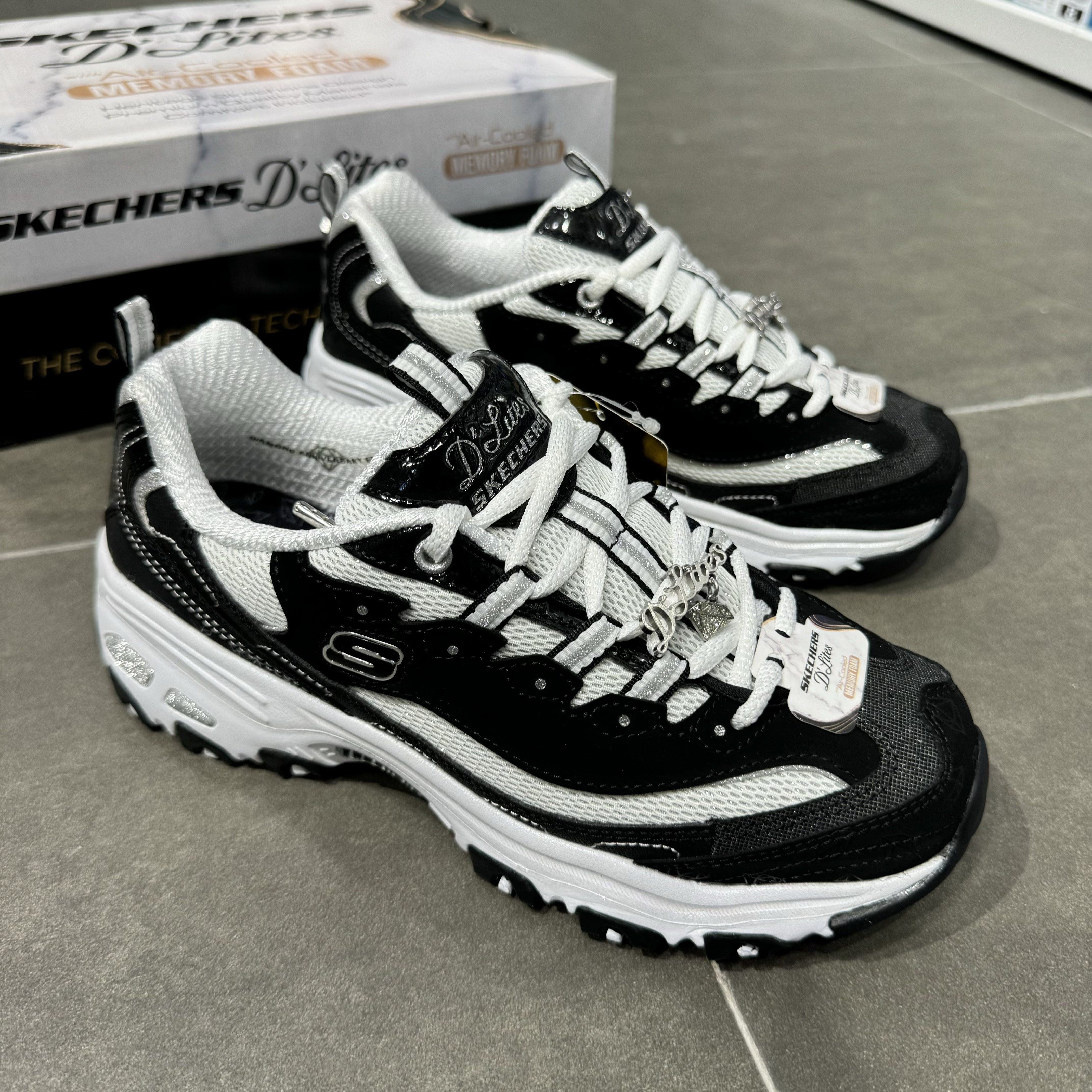 Skechers斯凯奇十周年钻石熊猫鞋女拼接网布透气厚底运动鞋12241