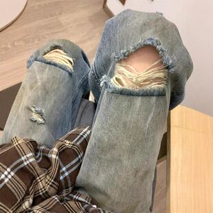 痞帅阔腿裤薄款vibe脏脏夏季美式破洞牛仔裤男高街直筒高级感裤子