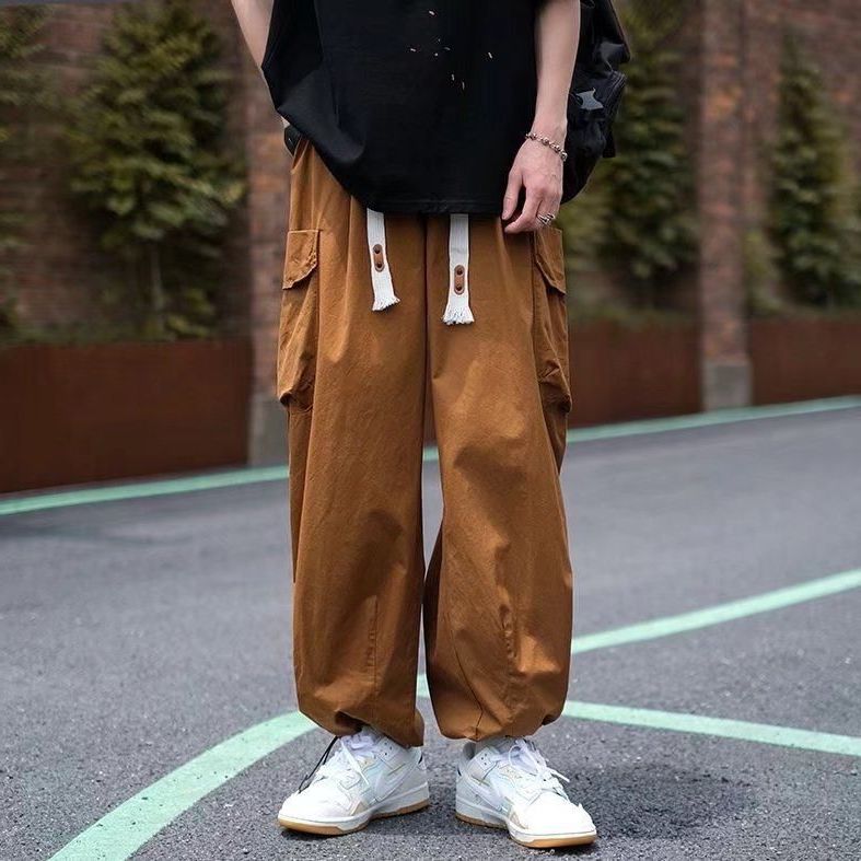 复古棕色束脚工装裤男生春夏季日系潮流街头cityboy宽松休闲裤子