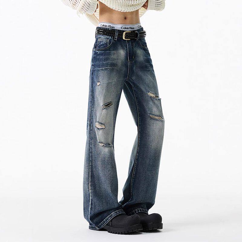 破洞牛仔裤拖地水洗裤子潮牌夏季宽松长直筒男女高街vibe美式微喇