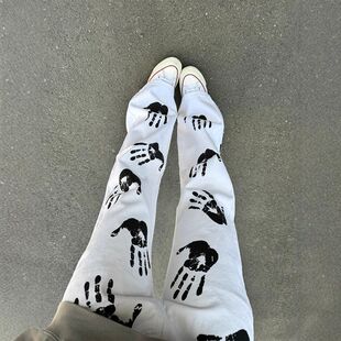 裤子窄直筒掌印高街痞帅潮牌花牛仔裤高腰美式版男款微喇裤炸街手