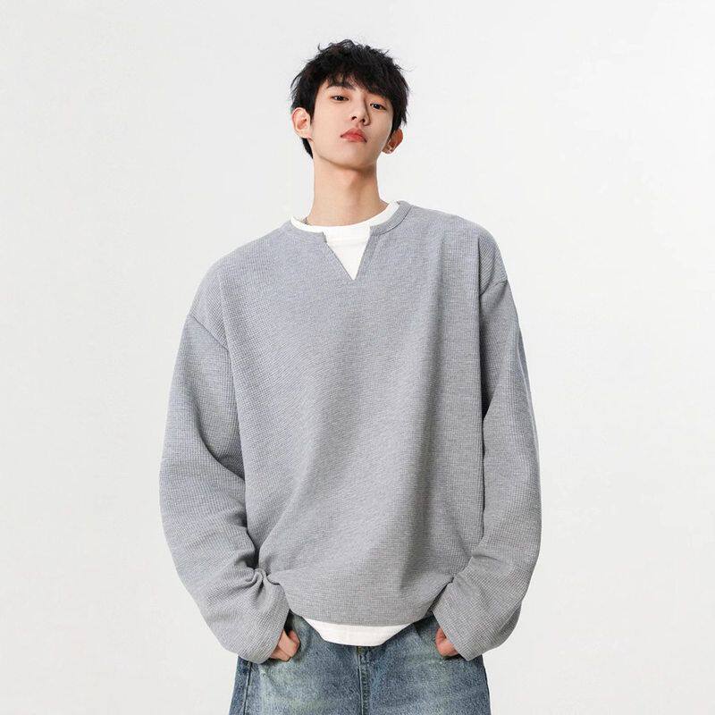 V春季长袖叠美式高级感男华夫格领穿打底衫假两件设计感卫衣T恤潮