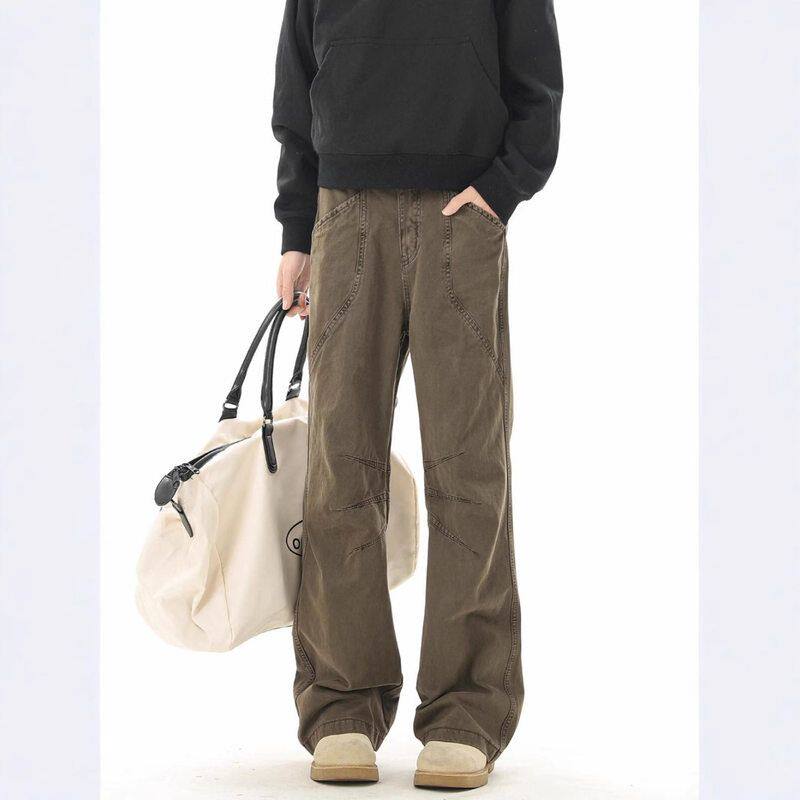 直筒潮牌弯刀新款宽松工装裤褶皱男款纯棉巴恩风微喇裤子春季水洗