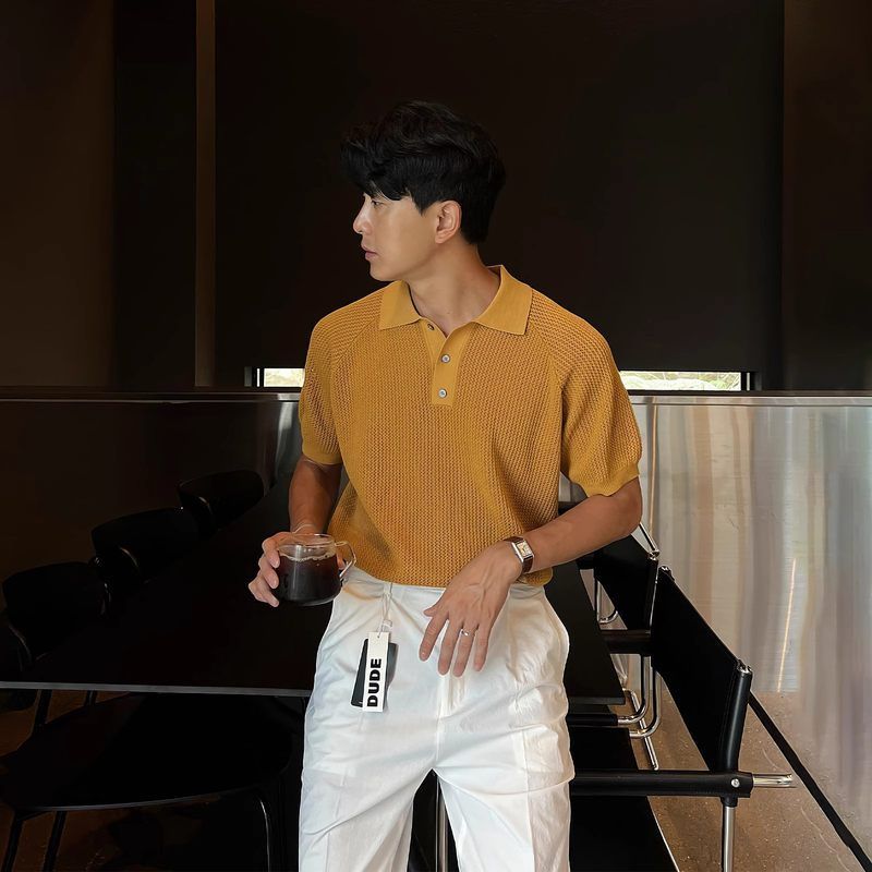 P肩袖夏季衫半袖OLO短袖翻领男士体恤休闲百搭插蜂窝针织纹T恤衫