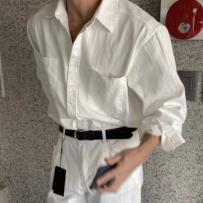 休闲夏季宽松白色韩版男士衬衣长袖衬衫高级感薄款透气亚麻棉麻