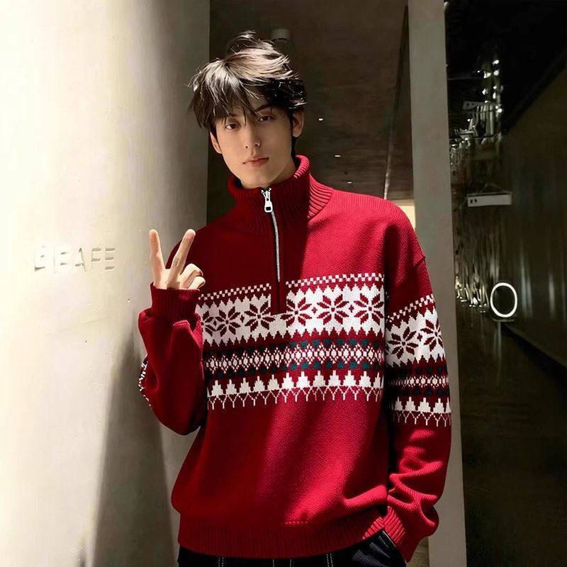 红色毛衣外套费尔岛冬季拉链男款感针织衫提花跨年高领半氛围美式
