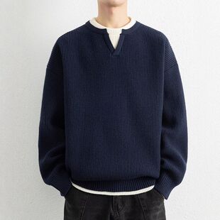 2025新款冬装日系毛衣圆领打底衫假两件男士男生秋冬季复古针织衫