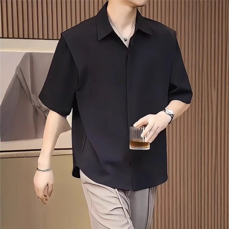 男男高级中袖夏季韩版潮流时尚纯色衬衣垂感短袖衬衫新款2025宽松