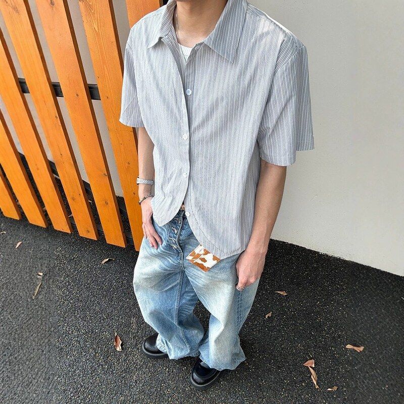 日系男宽松条纹弯弧衬衣leboy袖