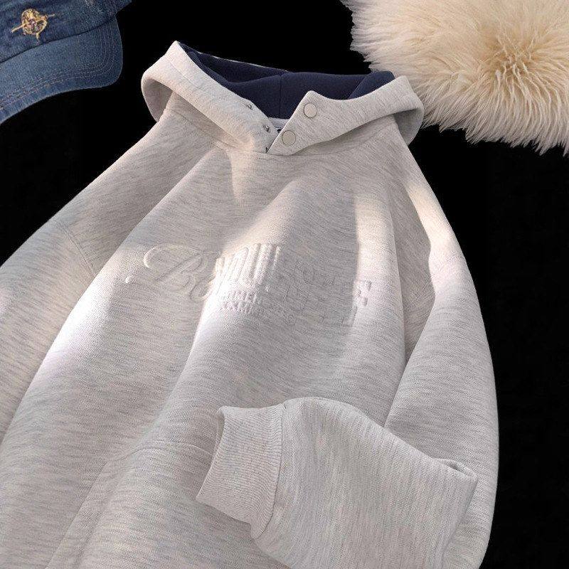 秋冬男女外套硬挺灰色重磅半花加厚高领美式连帽排扣慵懒卫衣加绒