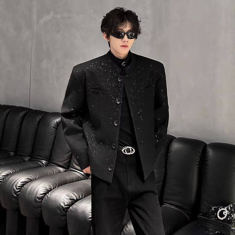 短款夹克春秋西装穿痞帅男痞帅夜店高级感垫肩撒银搭外套立领呢料