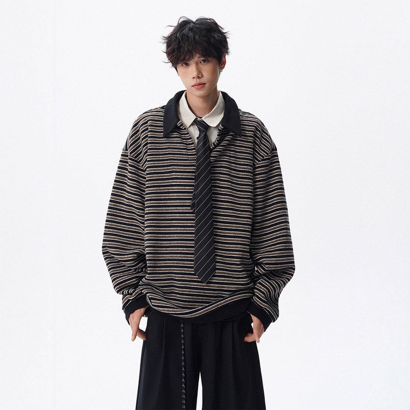 男情侣高街条纹外套卫衣美式P潮牌上衣设计感领冬季重磅假两件olo