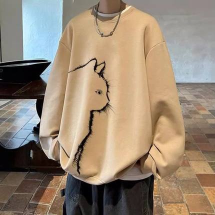 美式高街加绒圆领卫衣男秋冬季宽松大码长袖t恤青少年慵懒风上衣