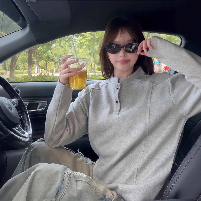 高级感搭衫灰色pt恤olo内亨利领男款浅卫衣打底衫美式秋冬季长袖