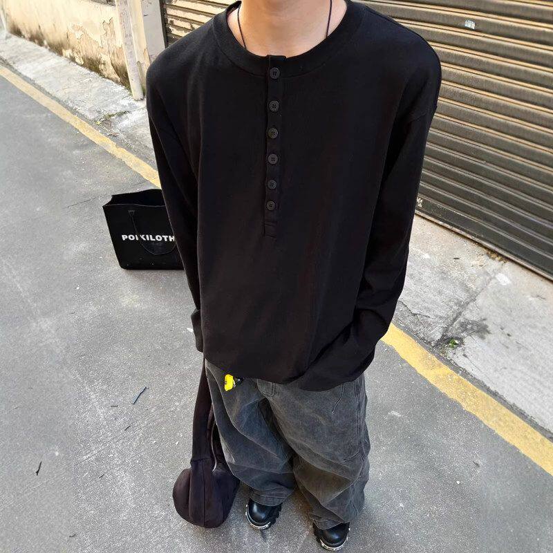上半黑色打底衫亨利领T恤衣服宽松休闲开襟春秋季男薄款2026长袖