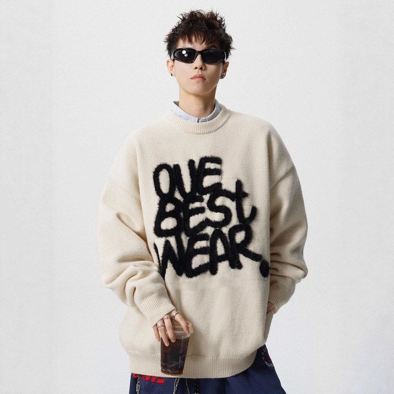 字母风保暖搭秋冬重磅植绒情侣针织衫内宽松男女慵懒加厚圆领毛衣