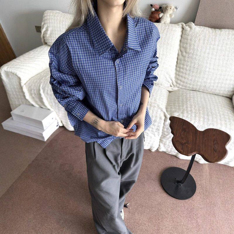 宽松衬衣外套设计感衬衫美式韩系穿复古蓝色格纹秋季搭长袖新款男