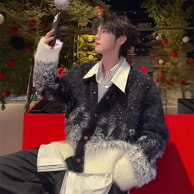 秋冬季开衫加厚外套防貂毛高级感氛围痞帅毛衣镶钻圣诞男款针织衫