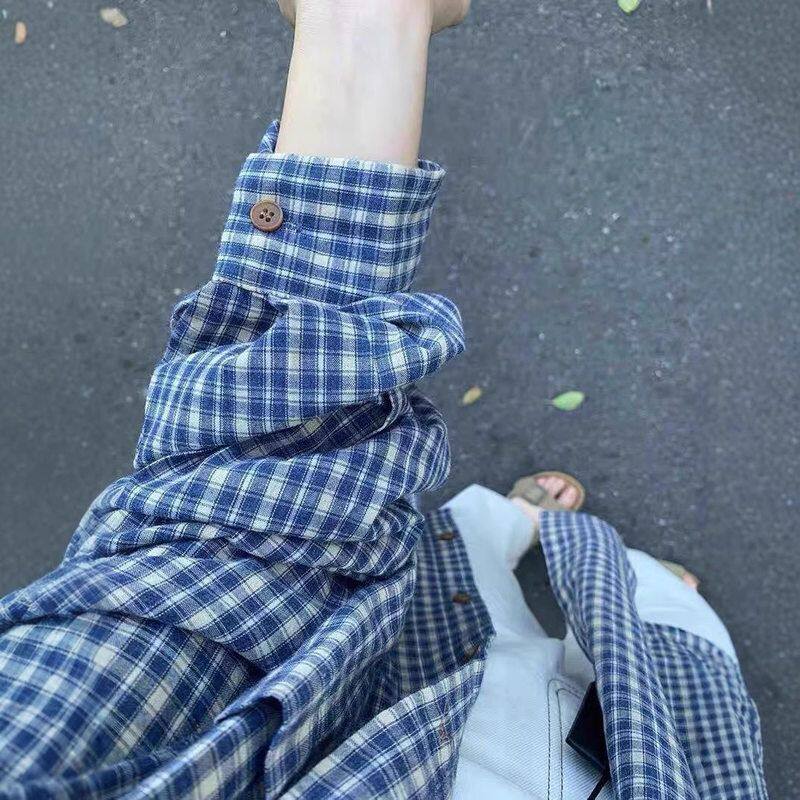 法式男衬衫外搭蓝色条纹外套衬衣新款格子复古长袖2025春秋小个子