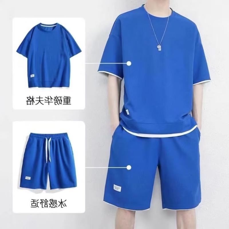 华夫格休闲套装男夏季冰丝短袖t恤男装一套搭配帅气大码运动套装