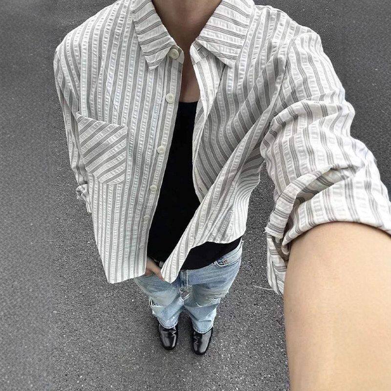 春秋季女款高智感外套男衬衫canfitle条纹泡泡纱美式衬衣潮牌长袖