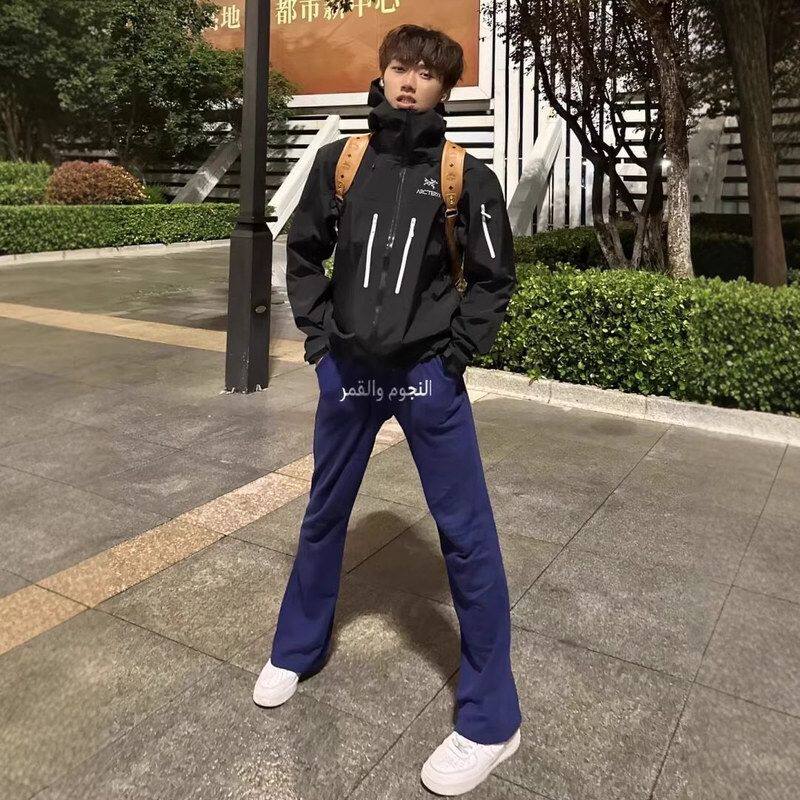 高街anfit修身抽绳字母藏青男显瘦美式卫裤c微喇刺绣le风格休闲裤