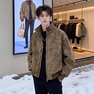 春秋美式高级感痞帅外套搭棕色短款男立领穿皮衣复古皮夹克美拉德