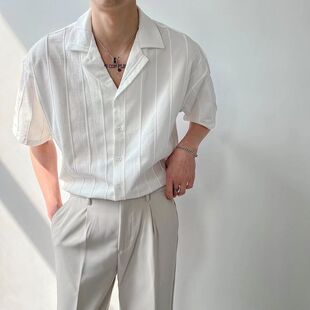 休闲纹理古巴休闲宽松男半面料简约领夏季竖条垂坠免烫短袖衬衫