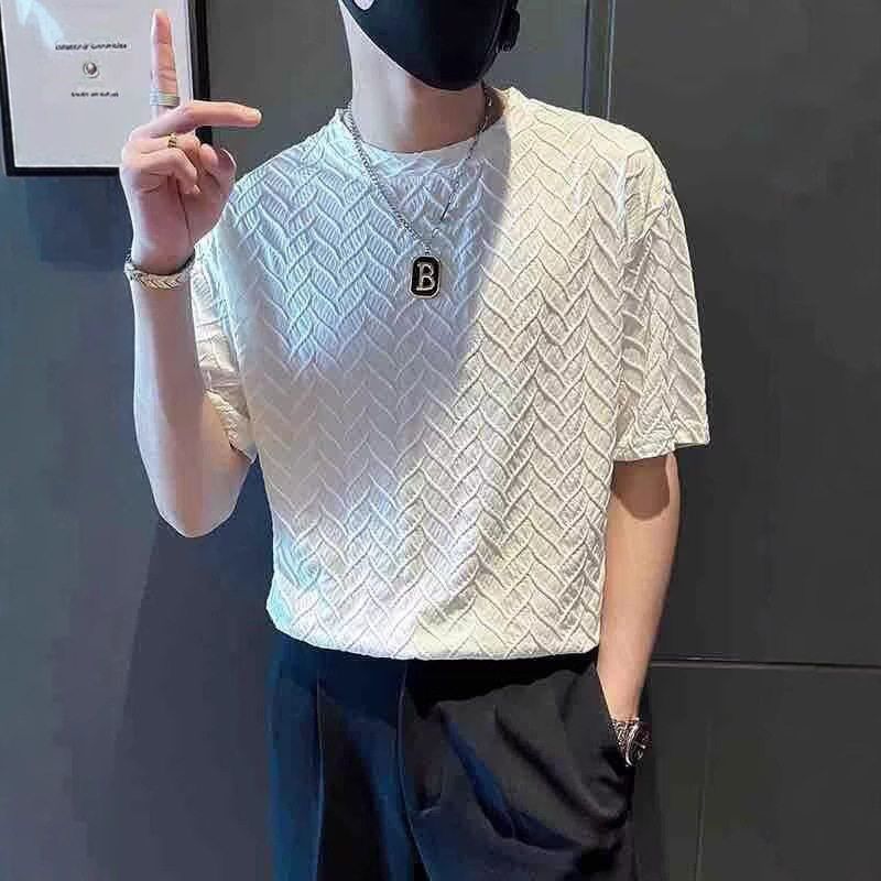 新款中袖痞帅圆领纹理潮牌短袖潮流男2025体恤夏季高级感提花T恤