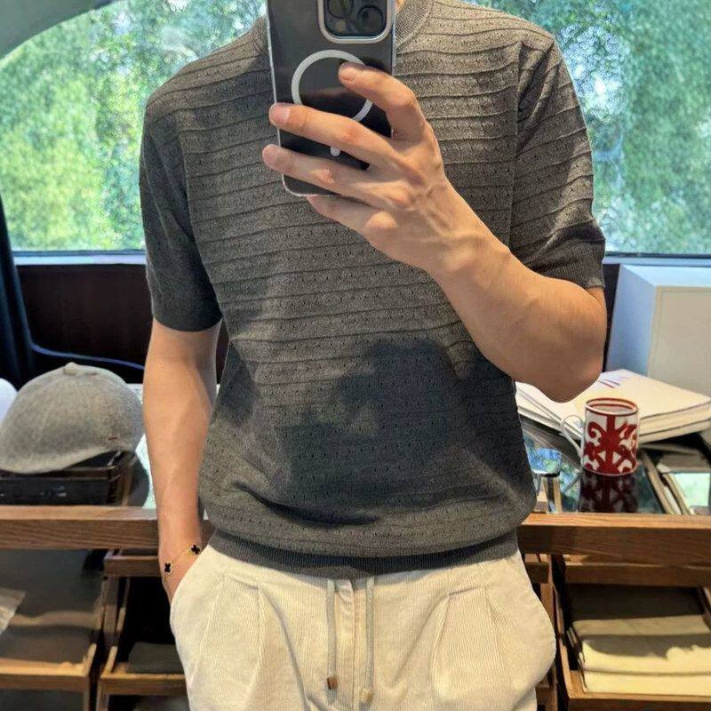 针织肌理深灰色风弹力男感镂空
