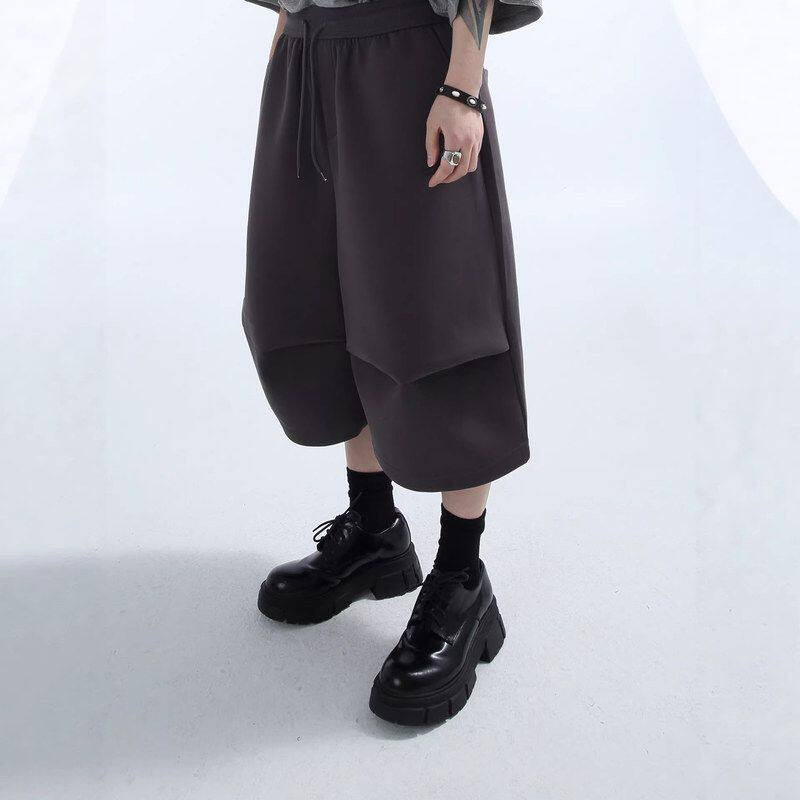 弧形男卫裤七分夏宽松抽绳廓形慵懒折纸运动短裤复古美式立体休闲