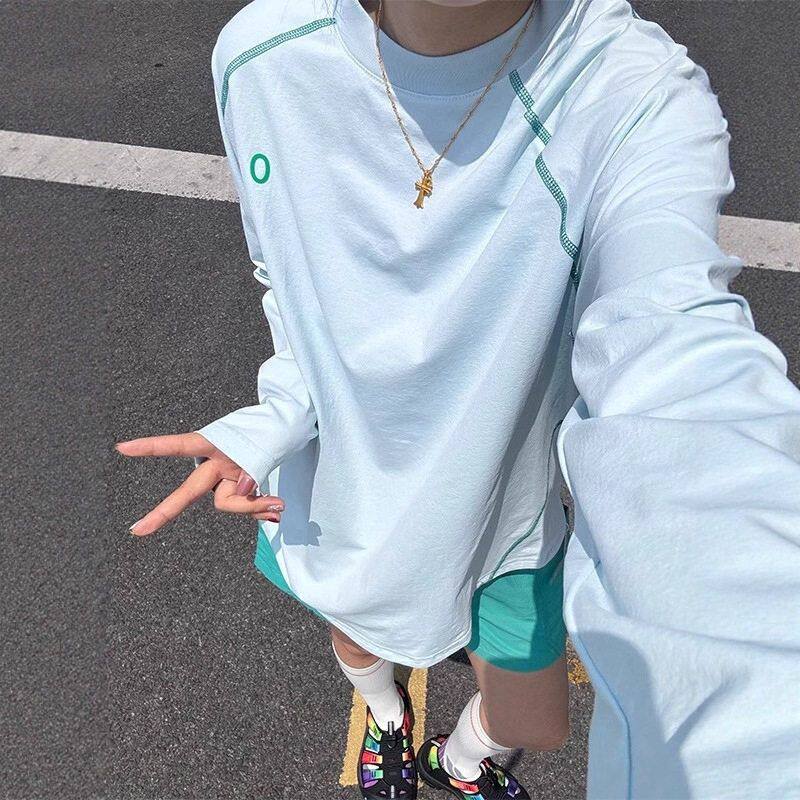 夏季防晒男女蓝色冰长袖骑行速干户外运动t恤肩袖撞色薄款上衣插