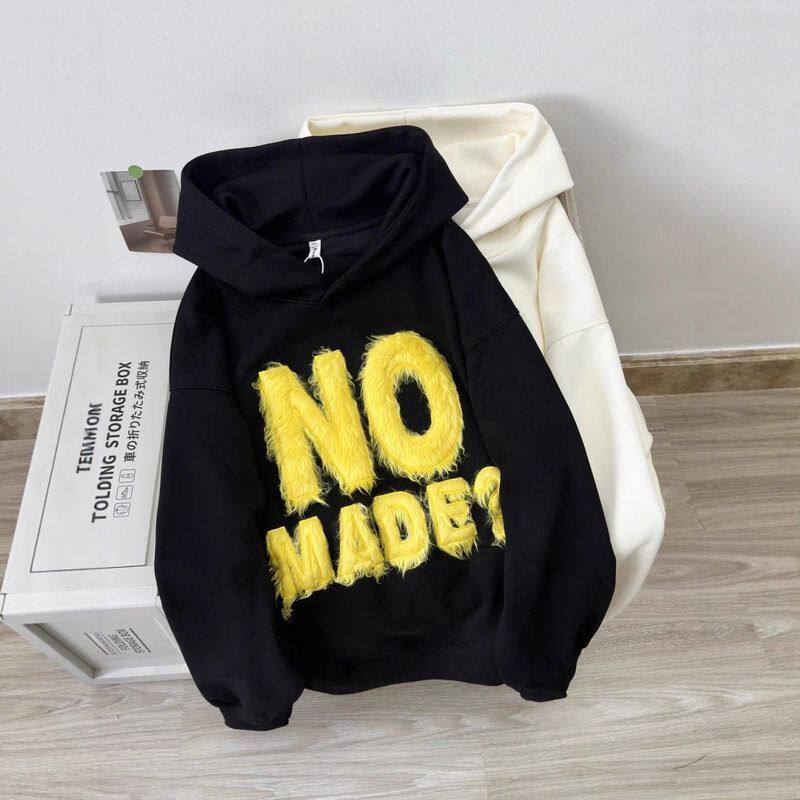 连帽帽衫情侣长袖字母刺绣毛绒薄款高街复古男女卫衣秋冬美式宽松