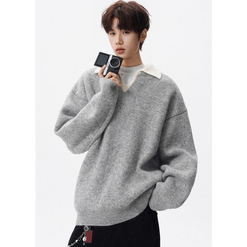 冬季新款宽松潮牌假两件毛衣休闲olo美式针织衫风男生慵懒领撞色P