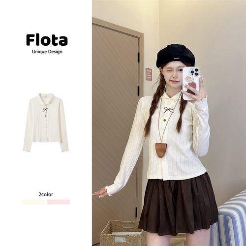 【flota】miu系娃娃领蝴蝶结纽扣针织衫甜美打底内搭长袖上衣2546
