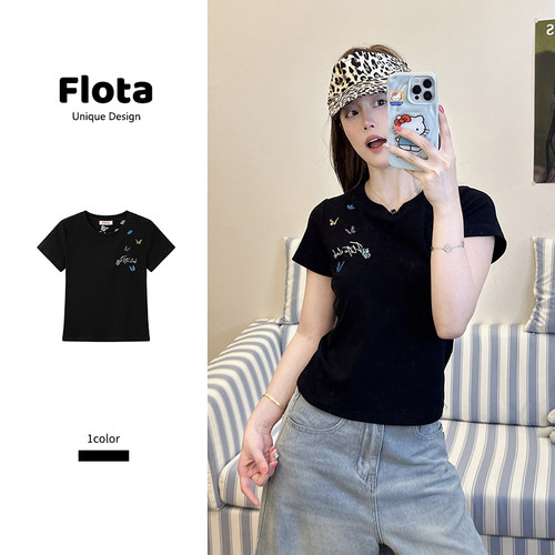 【flota】美式辣妹蝴蝶刺绣黑色短袖T恤夏季新款显瘦正肩上衣2128