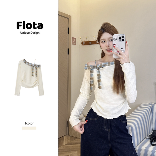 【flota】纯欲风格纹蝴蝶结斜肩长袖T恤秋季木耳边露肩短上衣2603