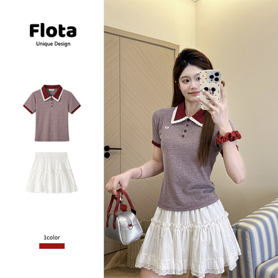 【flota】蕾丝拼接Polo领纽扣条纹短袖T恤夏季红色显瘦上衣女2390