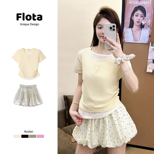 【flota】假两件撞色拼接圆领短袖夏季修身显瘦短款正肩上衣0925