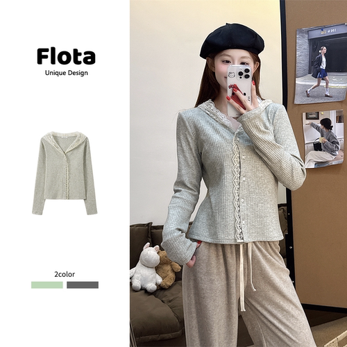 【flota】氛围感蕾丝拼接连帽长袖针织开衫秋季显瘦短款上衣2564