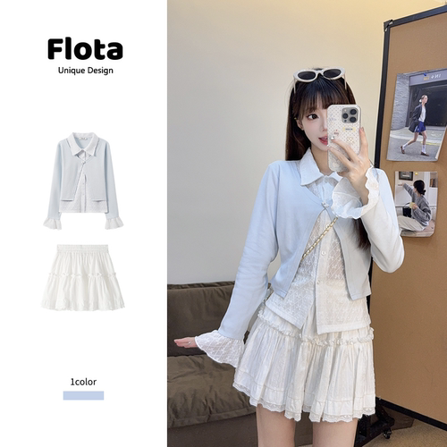 【flota】小清新蓝色蕾丝拼接Polo领长袖设计感假两件上衣女2543