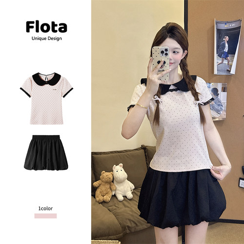 【flota】粉色波点娃娃领蕾丝拼接短袖夏季少女风显瘦短上衣2388